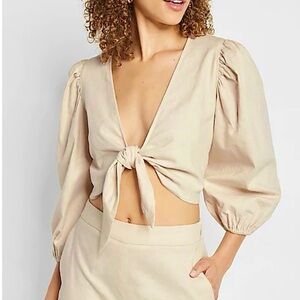 Express Beige Stretch Linen 3/4 Puffed Sleeve Tie Front Crop Top Size L